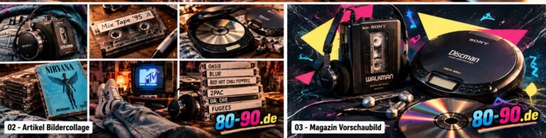 Eigene Bildcollage von 80-90.de mit Mixtapes, CD-Player und 90er-Jahre-Musik