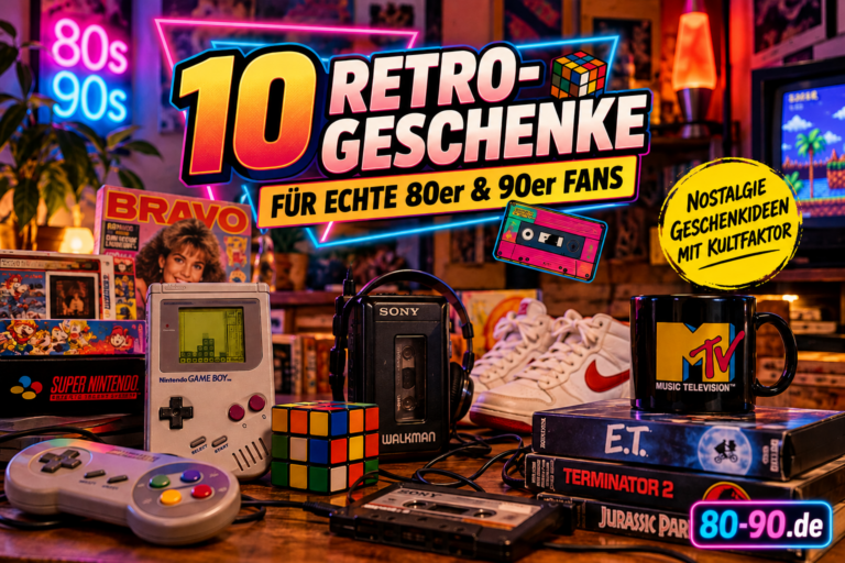 10 Retro-Geschenkideen für Fans der 80er und 90er Jahre, mit 80-90.de Logo