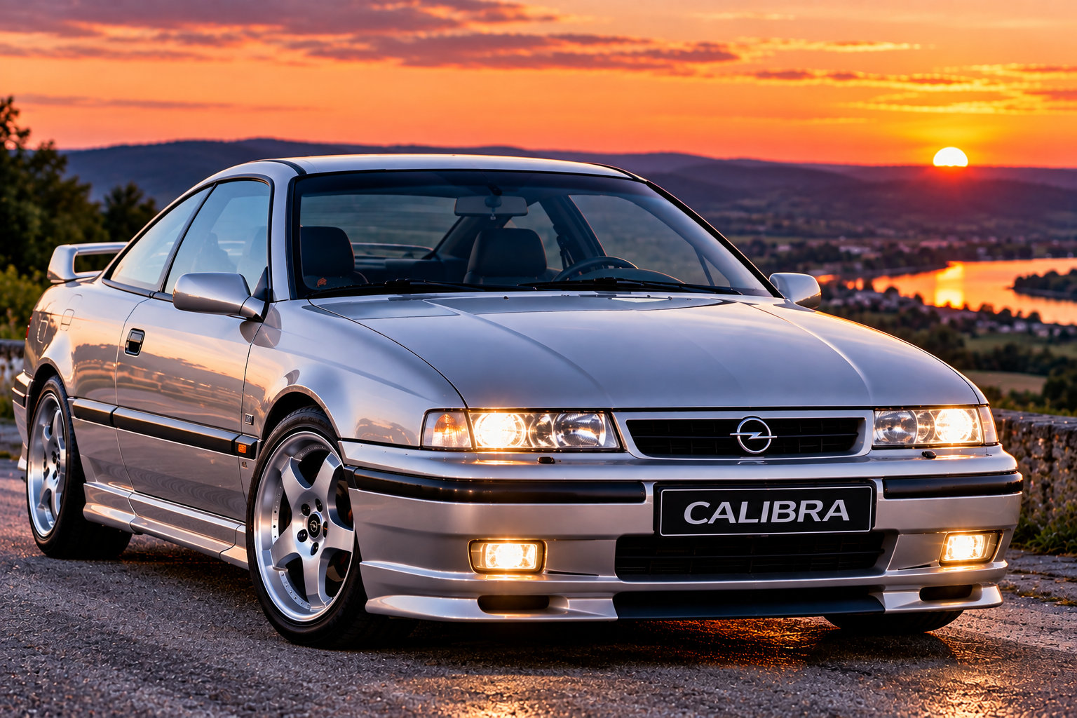 Silberner Opel Calibra mit dezenter 80-90.de-Einbindung im 90er-Tuning-Stil