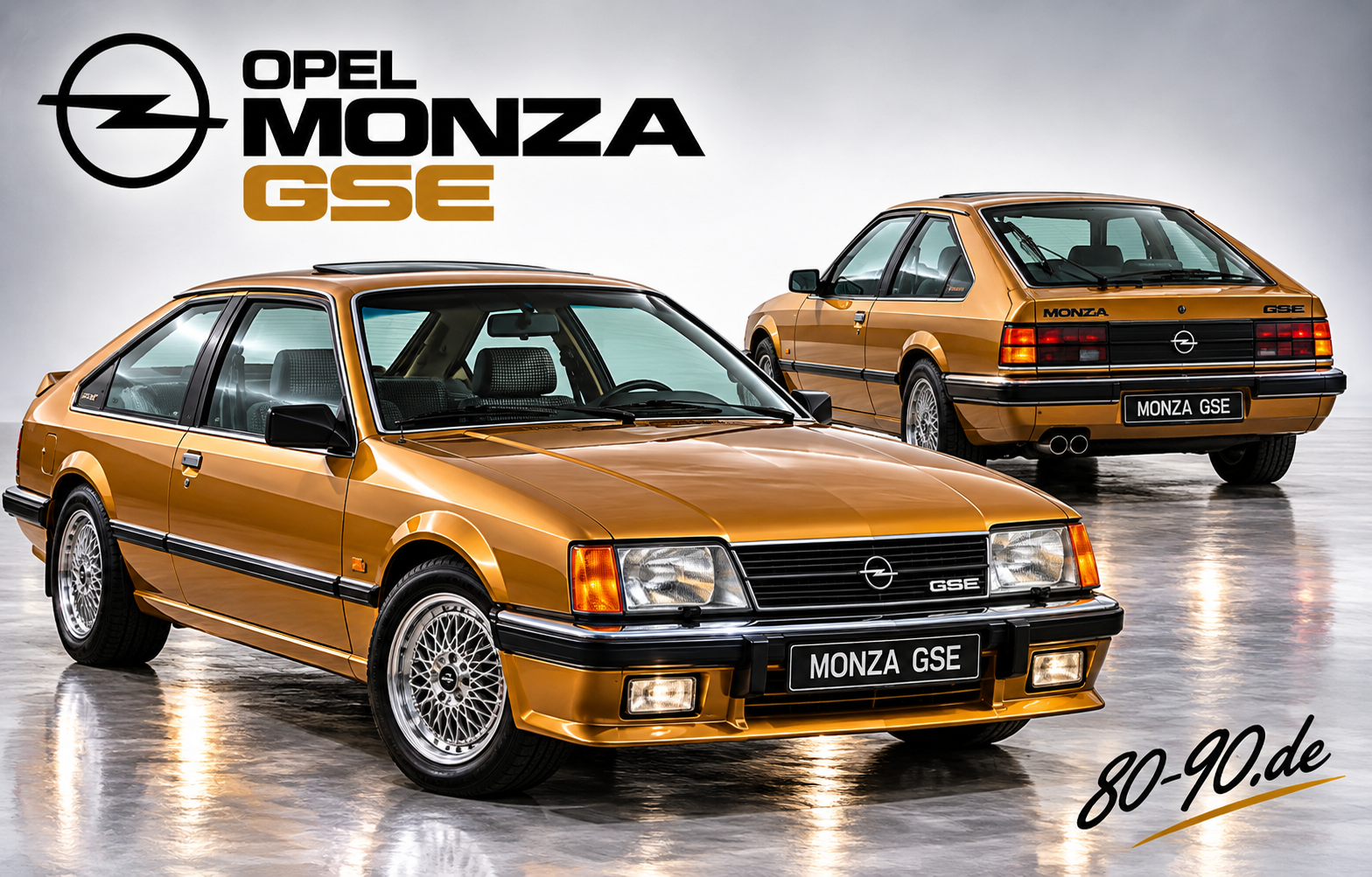 KI-generierte Retro-Studiendarstellung eines bronzefarbenen Opel Monza GSE mit Front- und Heckansicht