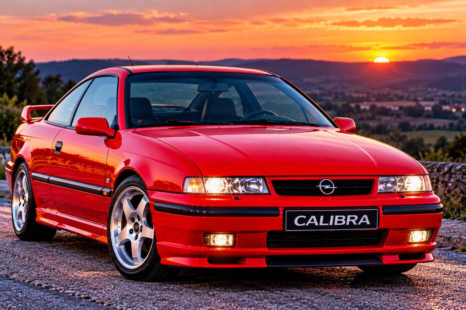 Roter Opel Calibra im markanten 90er-Tuning-Look bei Sonnenuntergang