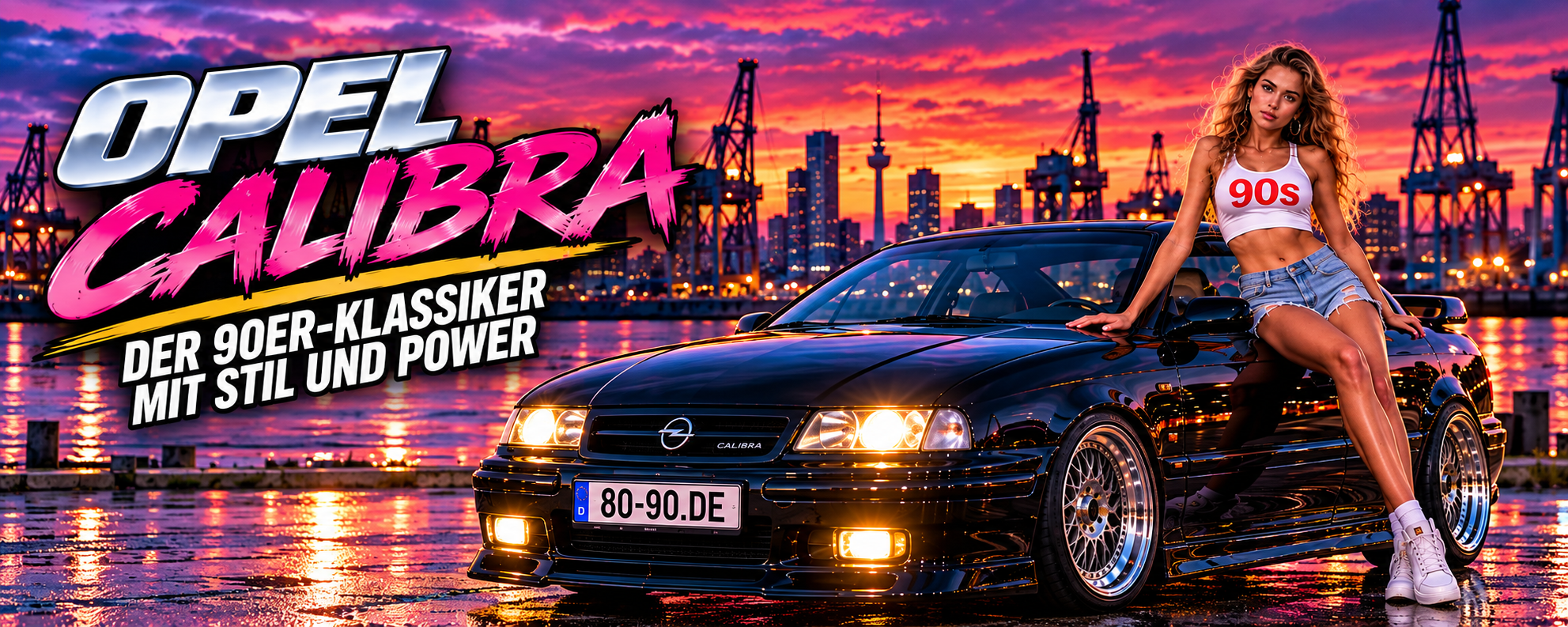 Schwarzer Opel Calibra am Hafen bei Sonnenuntergang im Stil eines 90er-Automagazins