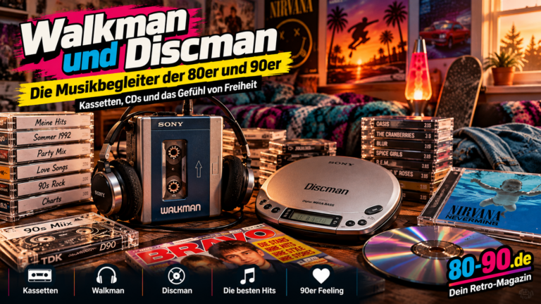 80-90.de Retro-Vorschaubild zu Walkman und Discman mit Aufmacher-Schrift und Logo