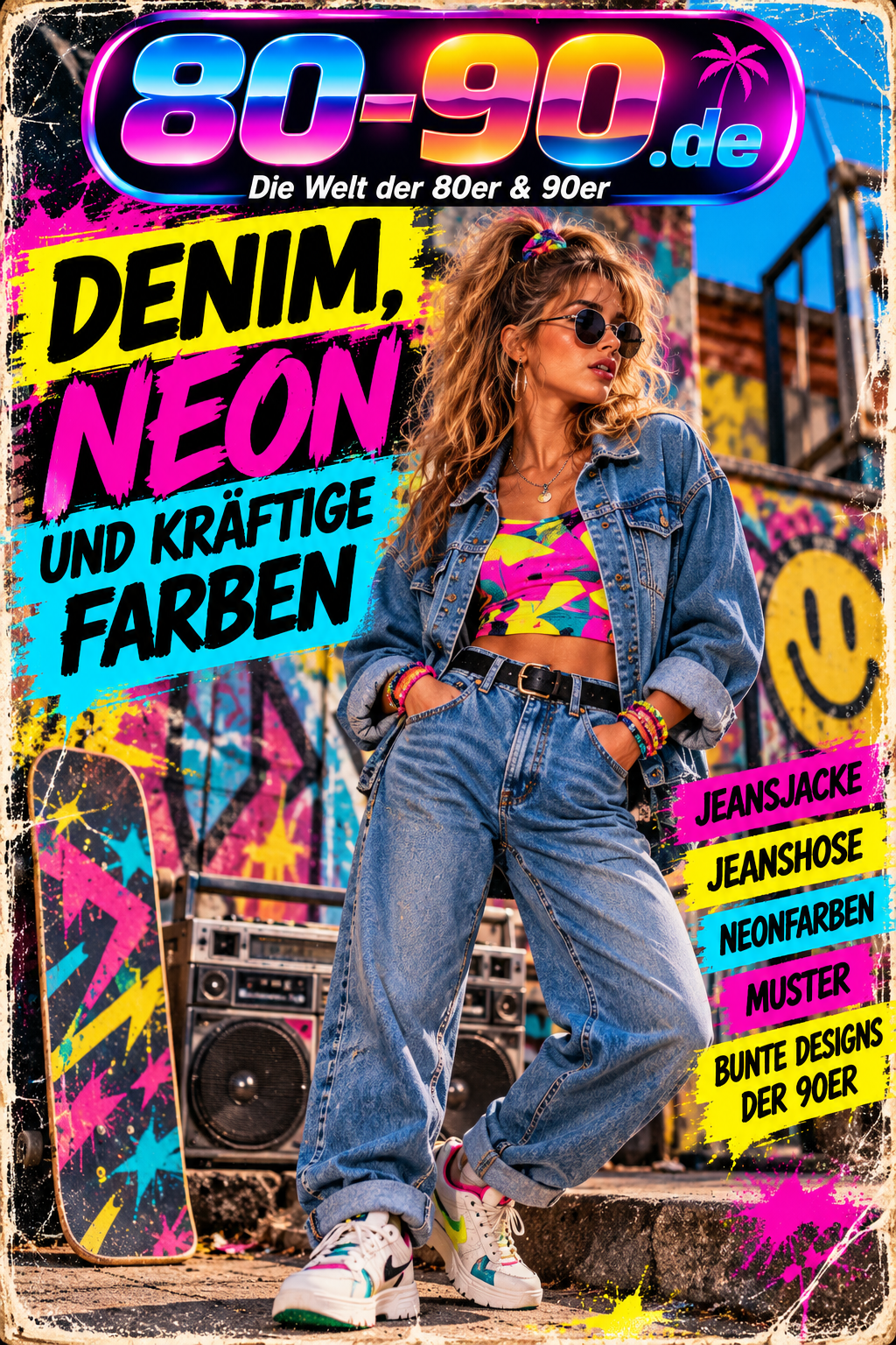 80-90.de Magazinmotiv zu Denim, Neon und kräftigen Farben der 90er