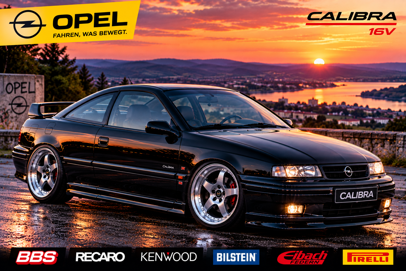 Schwarzer Opel Calibra in einem 90er-Werbemotiv mit typischen Tuning-Marken