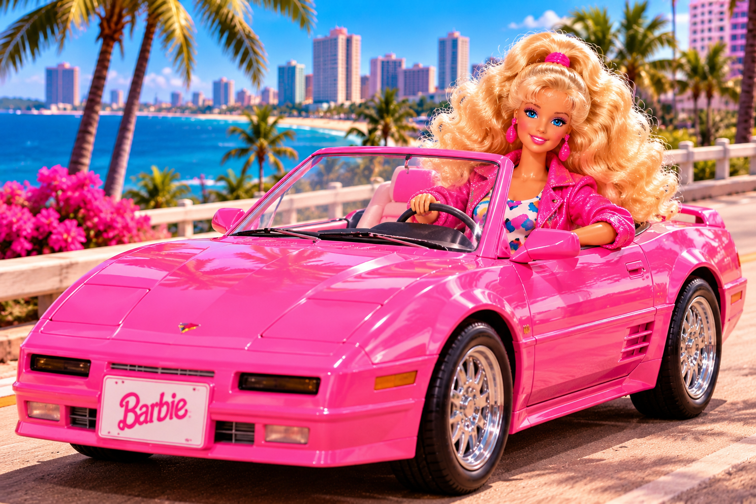 Pinke Barbie-Limousine beziehungsweise Cabrio im typischen 80er- und 90er-Jahre-Stil