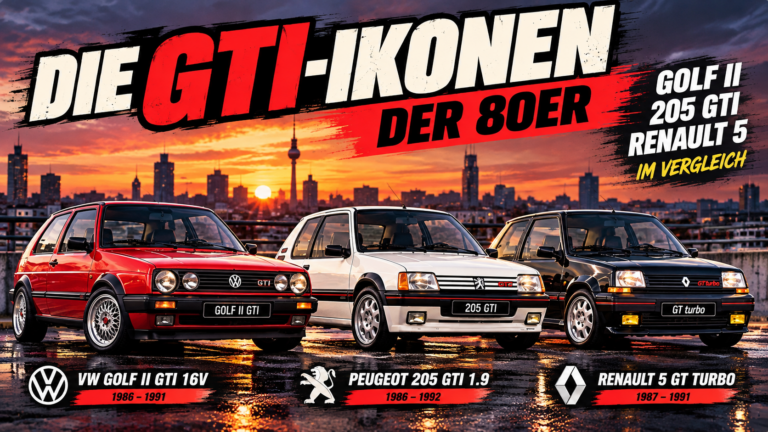 Breites Retro-Sliderbild mit VW Golf II GTI, Peugeot 205 GTI und Renault 5 GT Turbo vor einer Sonnenuntergangskulisse