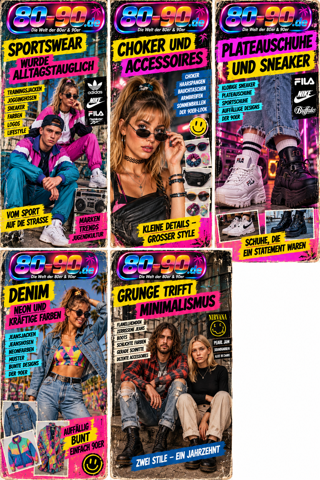 80-90.de Magazin-Collage zu Sportswear, Choker, Plateauschuhen, Denim und Grunge der 90er