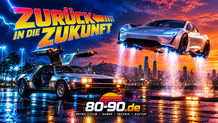 KI-generierte Retro-Futurismus-Illustration mit einem DeLorean-inspirierten Zeitmaschinenauto und einem futuristischen schwebenden Sportwagen; keine offiziellen Markenlogos und kein offizielles Pressefoto.