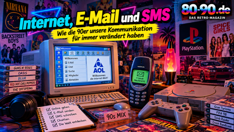 Internet, E-Mail und SMS in den 90ern – Retro-Collage mit 80-90.de-Logo