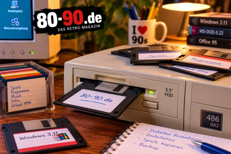 Disketten und Diskettenlaufwerk auf einem Retro-Computertisch