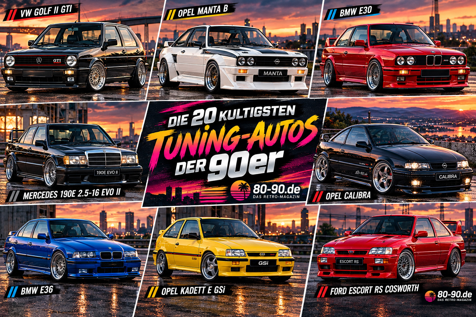 KI-generierte Collage mit ikonischen Tuning-Autos der 1990er: VW Golf II GTI, Opel Manta B, BMW E30, Mercedes 190E Evo II, Opel Calibra, BMW E36, Opel Kadett E GSi und Ford Escort RS Cosworth.
