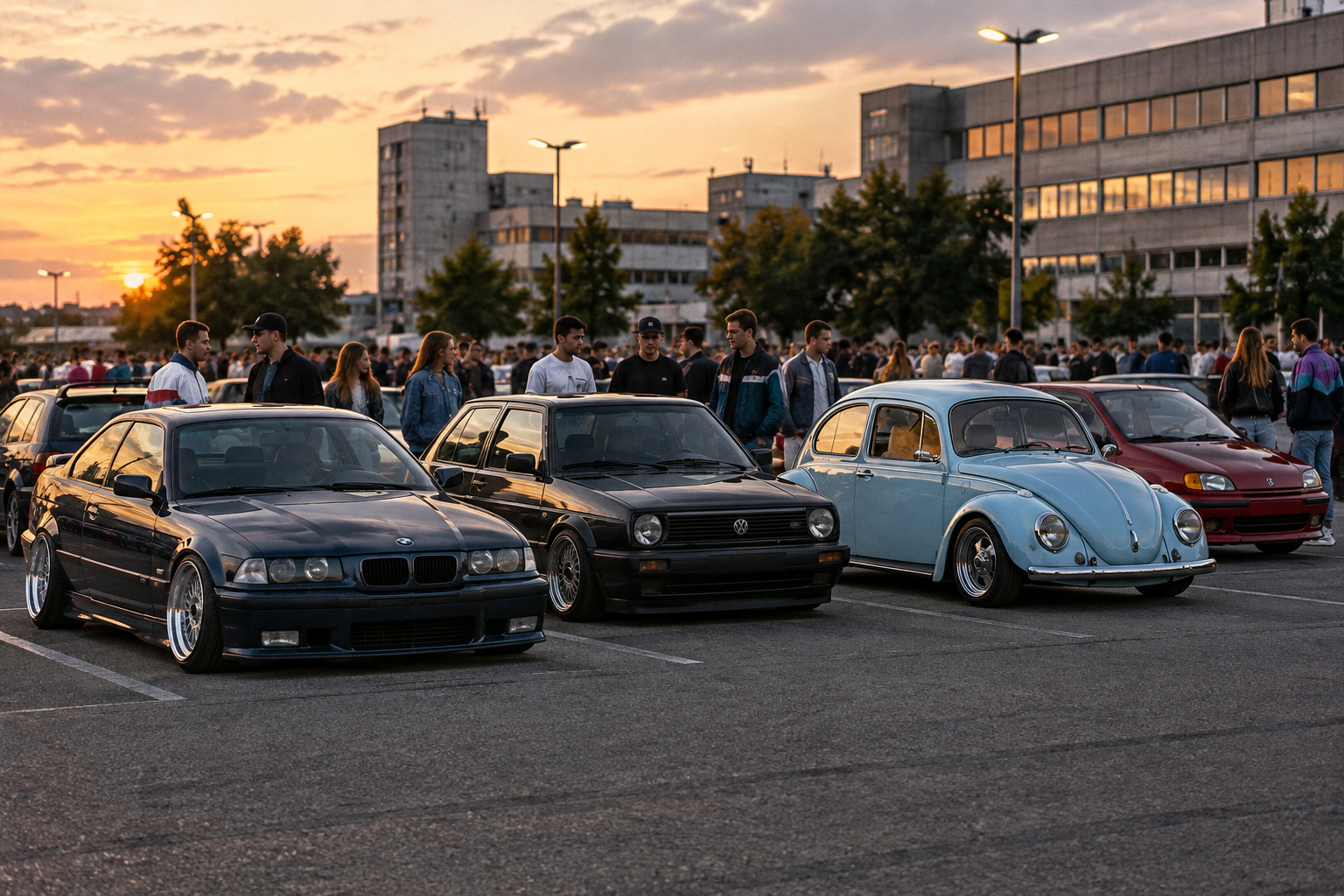 KI-generierte Szene eines 90er-Jahre-Tuningtreffens mit klassischen getunten Autos und Besuchern.