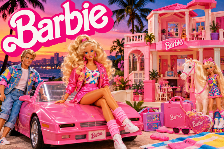 Barbie, Ken, pinkes Cabrio und Traumhaus im typischen 80er- und 90er-Jahre-Look