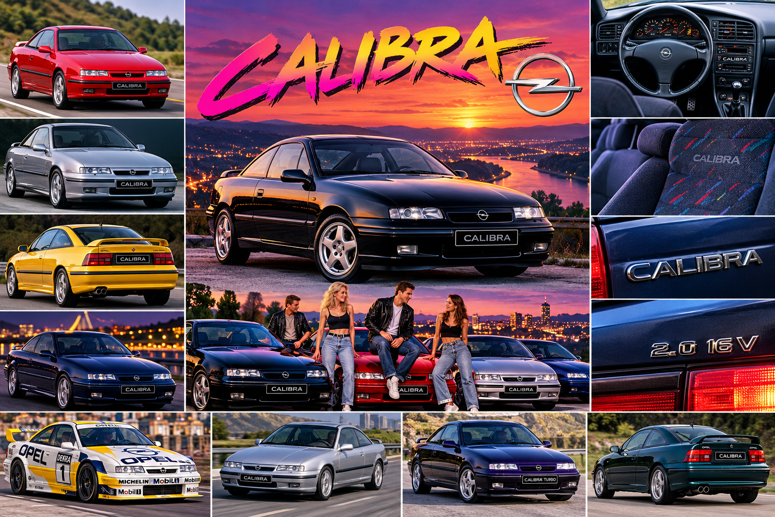Opel-Calibra-Collage mit verschiedenen Fahrzeugen, Cockpit und typischen 90er-Motiven