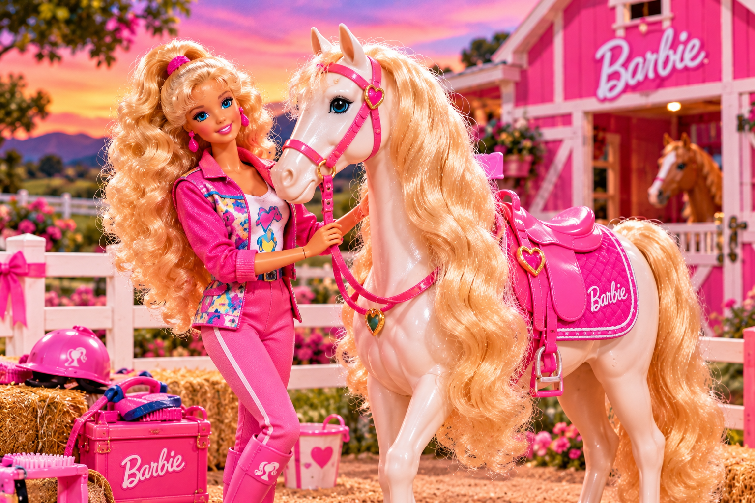 Barbie mit ihrem weißen Pferd und pinkem Reitzubehör im nostalgischen Spielzeuglook