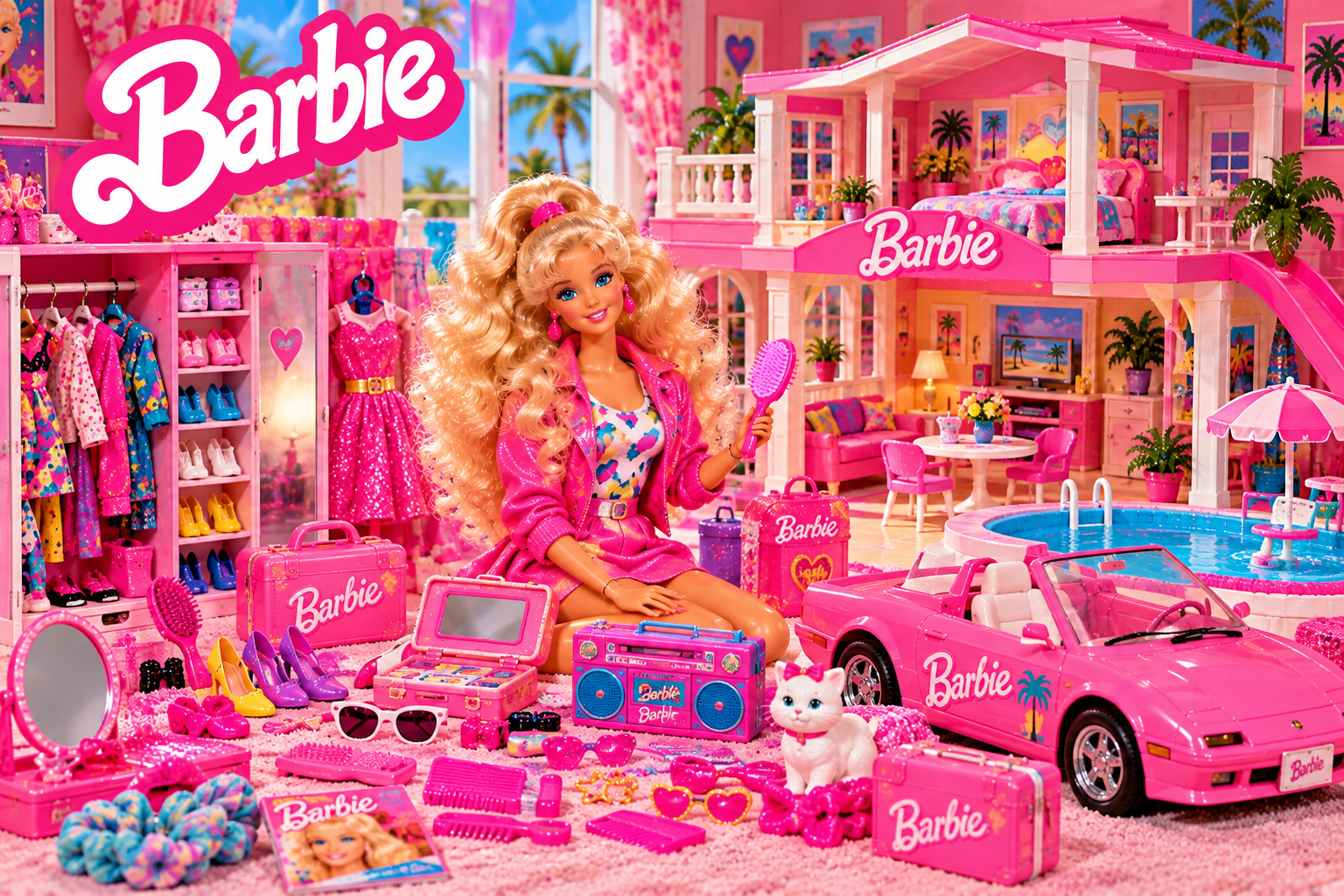 Barbie-Spielwelt mit Zubehör im nostalgischen 80er- und 90er-Jahre-Look