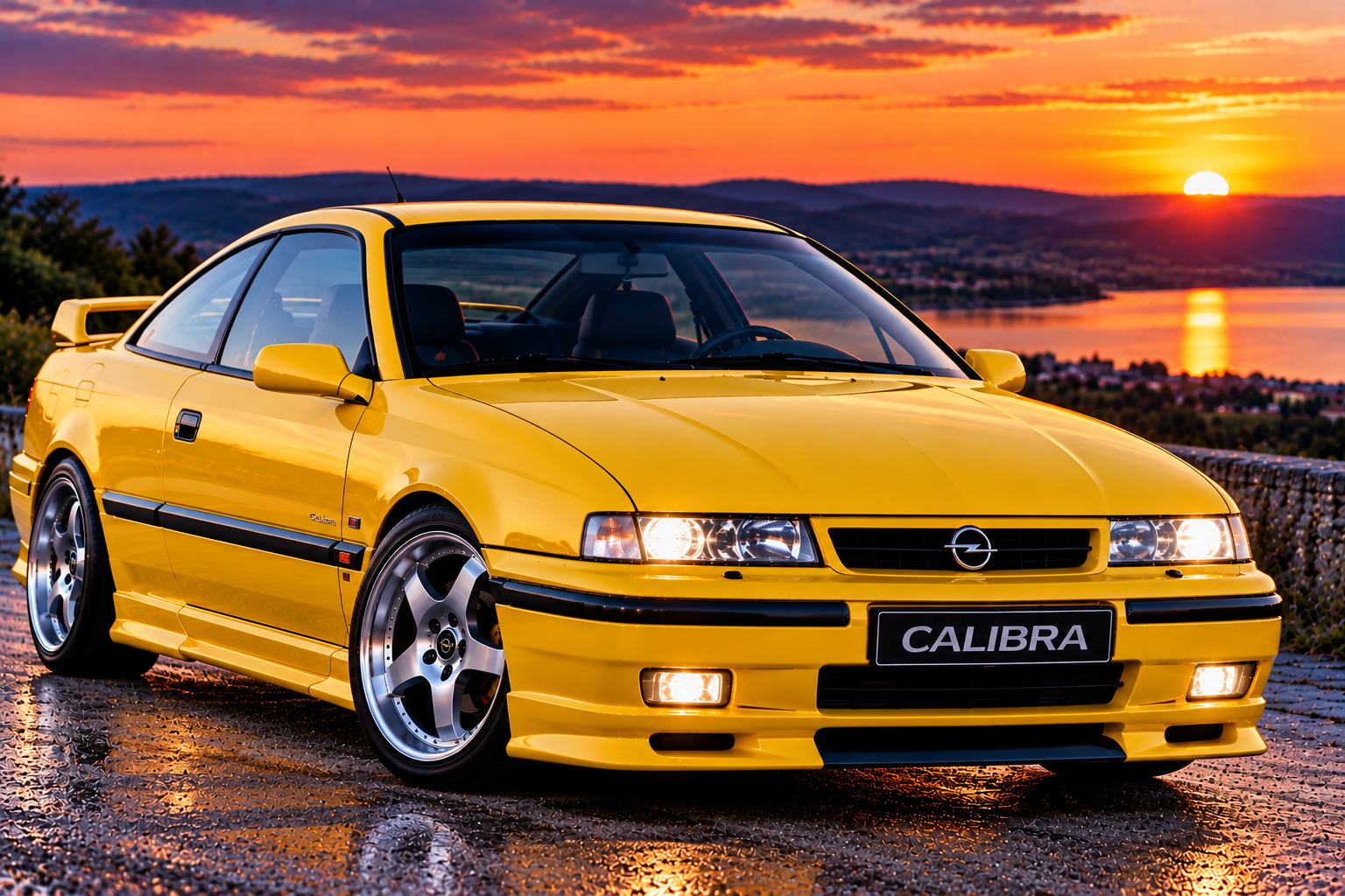 Gelber getunter Opel Calibra mit Spoiler und großen Alufelgen