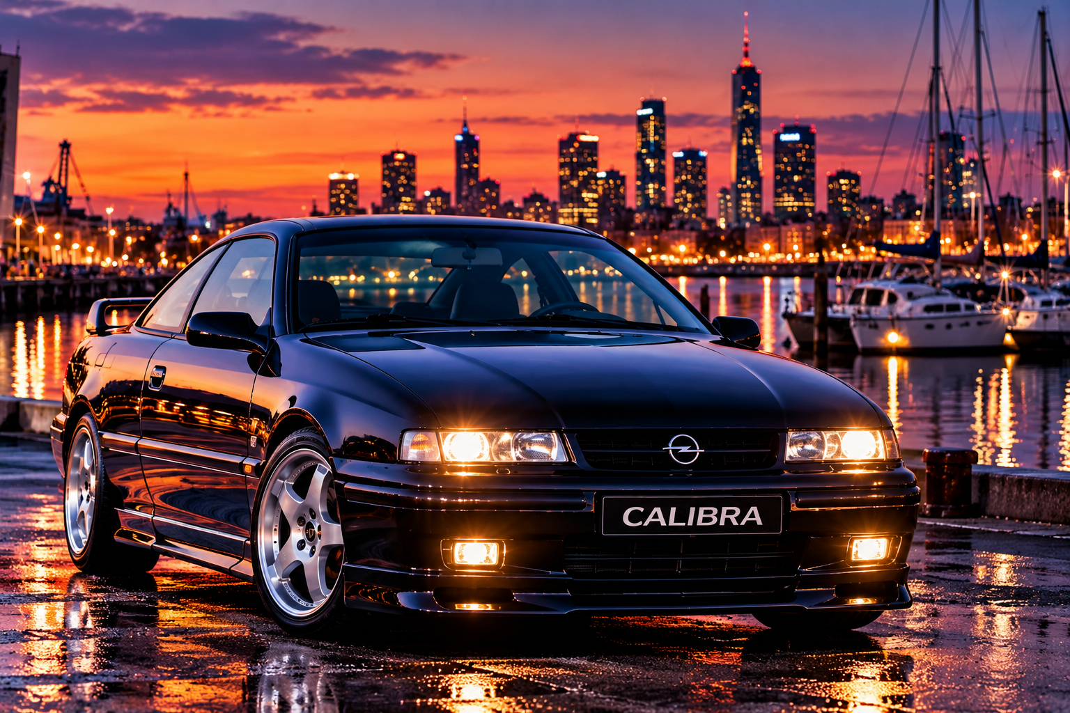 Schwarzer Opel Calibra in sportlicher Front- und Seitenansicht bei Sonnenuntergang