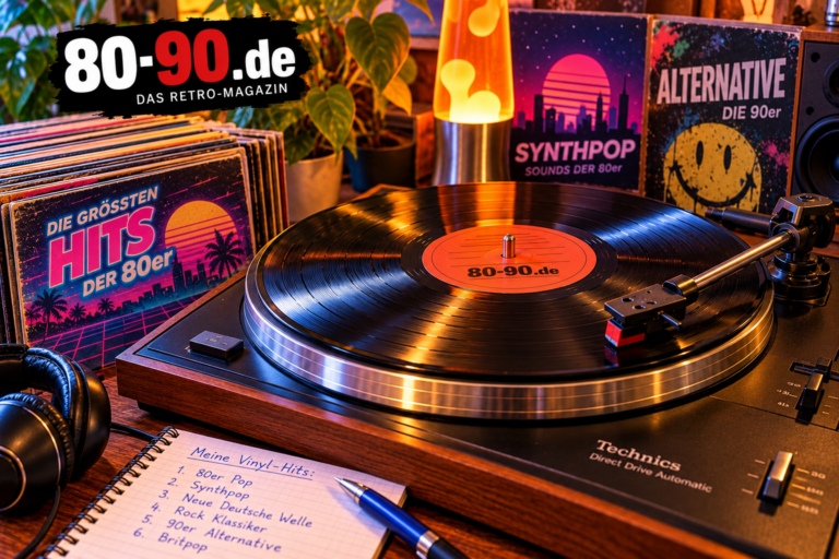 Plattenspieler mit Vinyl-Schallplatte und eigenständig gestalteten Retro-Plattenhüllen im Stil der 80er und 90er Jahre