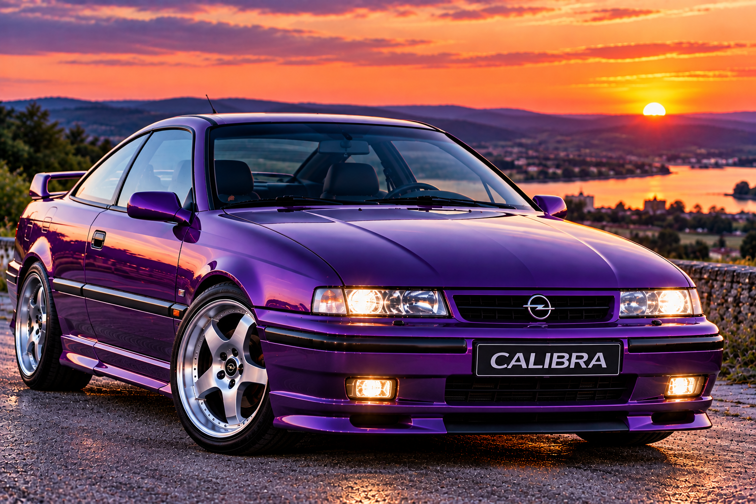 Lila getunter Opel Calibra mit sportlichem Bodykit und großen Alufelgen