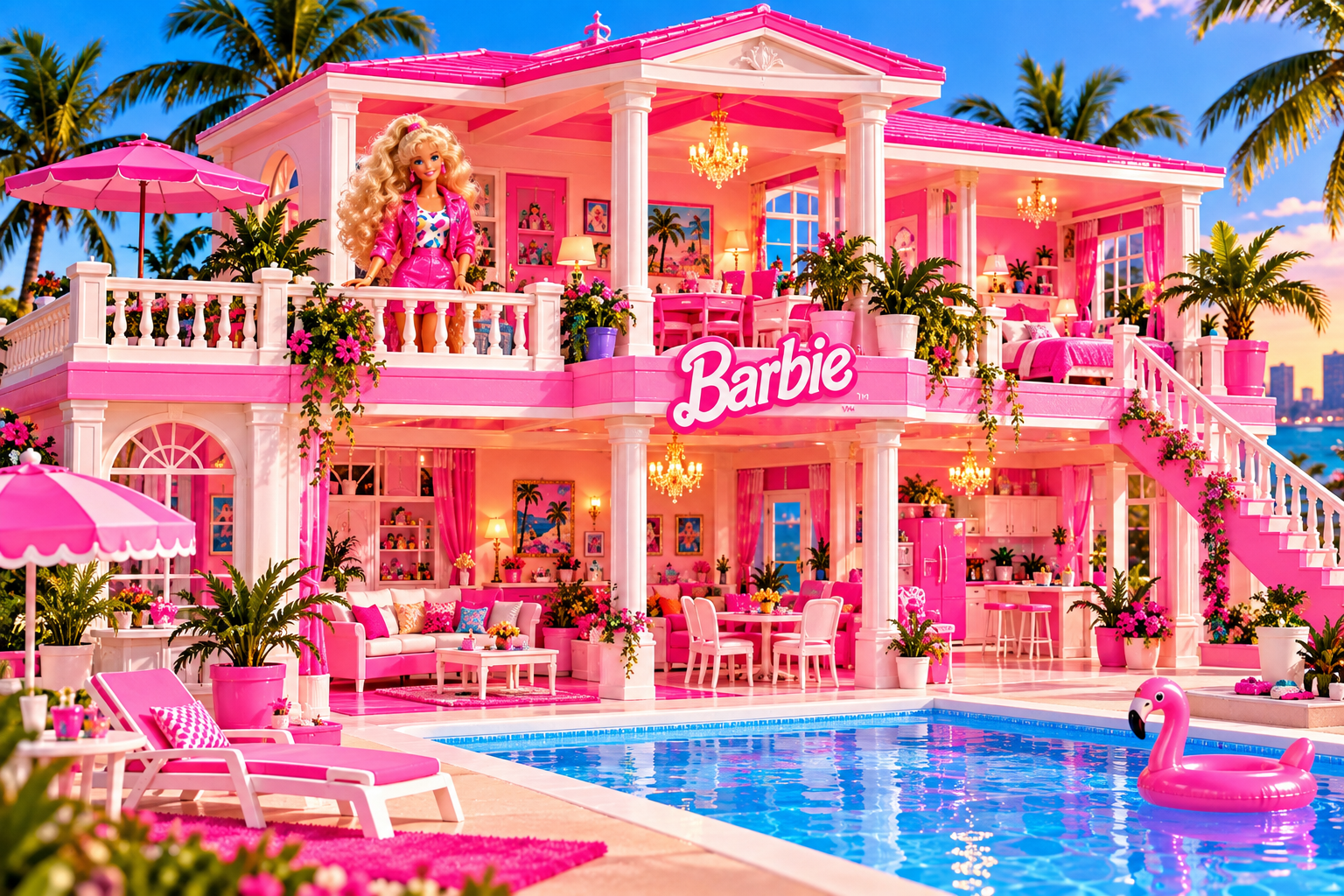 Barbie-Traumhaus mit Pool und liebevoll eingerichteten Zimmern im Retro-Spielzeuglook
