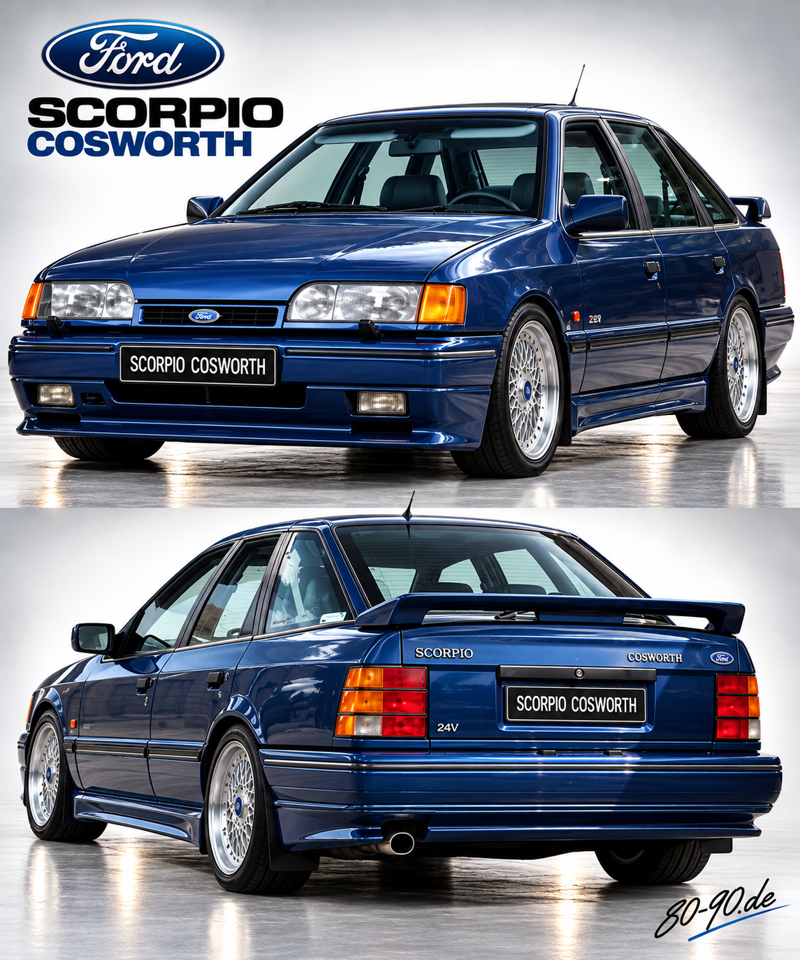 KI-generierte Retro-Studiendarstellung eines blauen Ford Scorpio Cosworth mit Front- und Heckansicht
