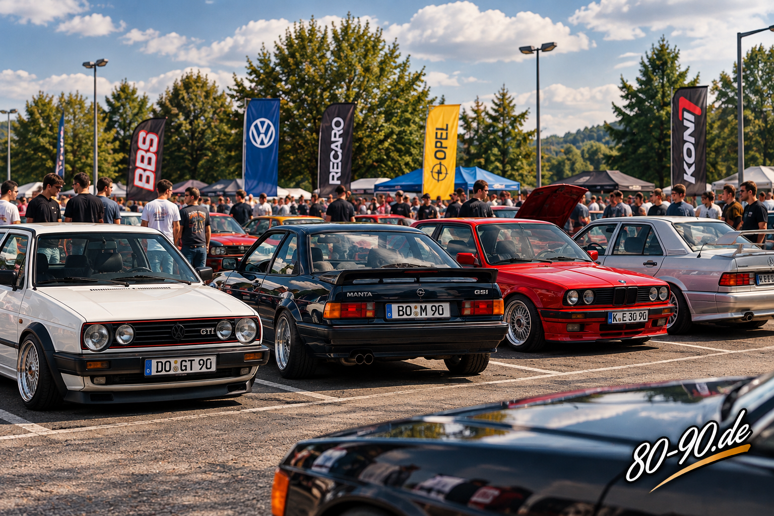 KI-generierte Szene eines Tuningtreffens der 1990er-Jahre mit VW Golf GTI, Opel Manta, BMW E30 und Mercedes 190E sowie 80-90.de-Wasserzeichen.