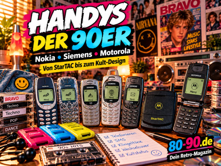 80-90.de Aufmacher: Handys der 90er mit Nokia, Siemens und Motorola, typischen 90er-Jahre-Details und Retro-Magazin-Branding