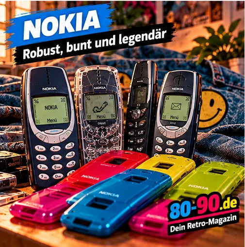 Klassische Nokia-Handys und bunte Wechselcover der 90er mit 80-90.de-Watermark