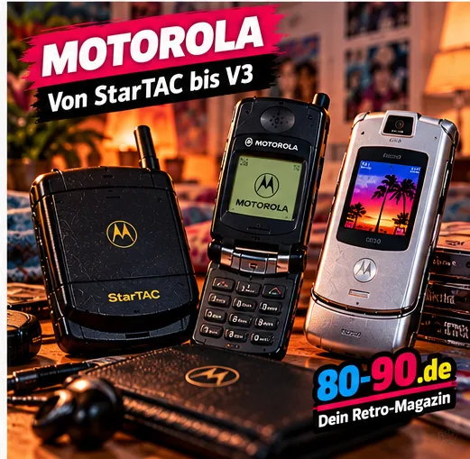 Motorola StarTAC und Klapphandys im 90er-Jahre-Stil mit 80-90.de-Watermark