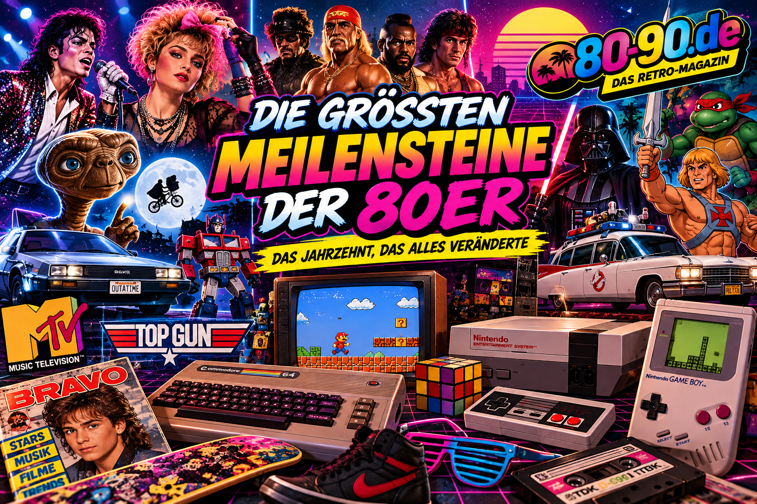 Die größten Meilensteine der 80er – farbige Retro-Collage mit großem Aufmacher und 80-90.de