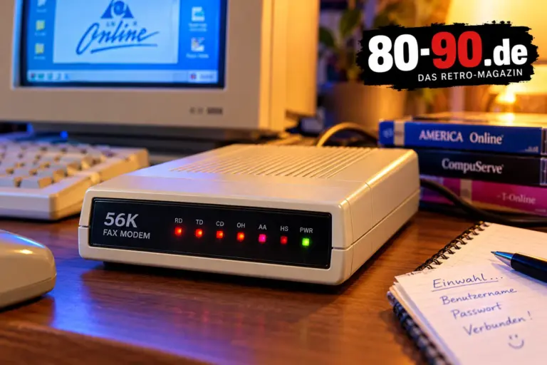 Nostalgisches 56K-Einwahlmodem auf einem Schreibtisch der 1990er-Jahre