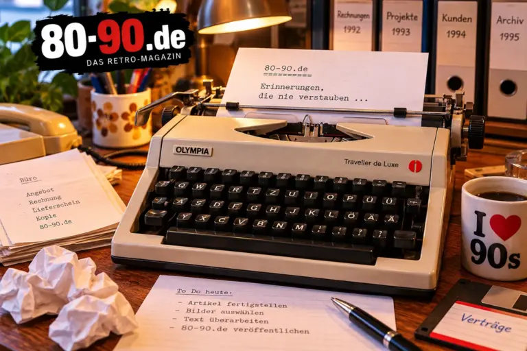 Mechanische Schreibmaschine auf einem Schreibtisch der 1980er-Jahre