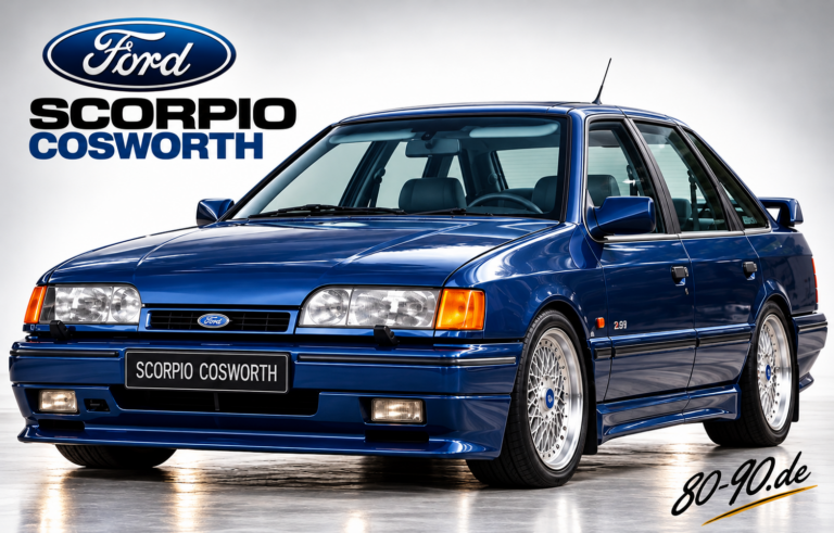 KI-generierte Einzelansicht eines blauen Ford Scorpio Cosworth von vorn im Studio
