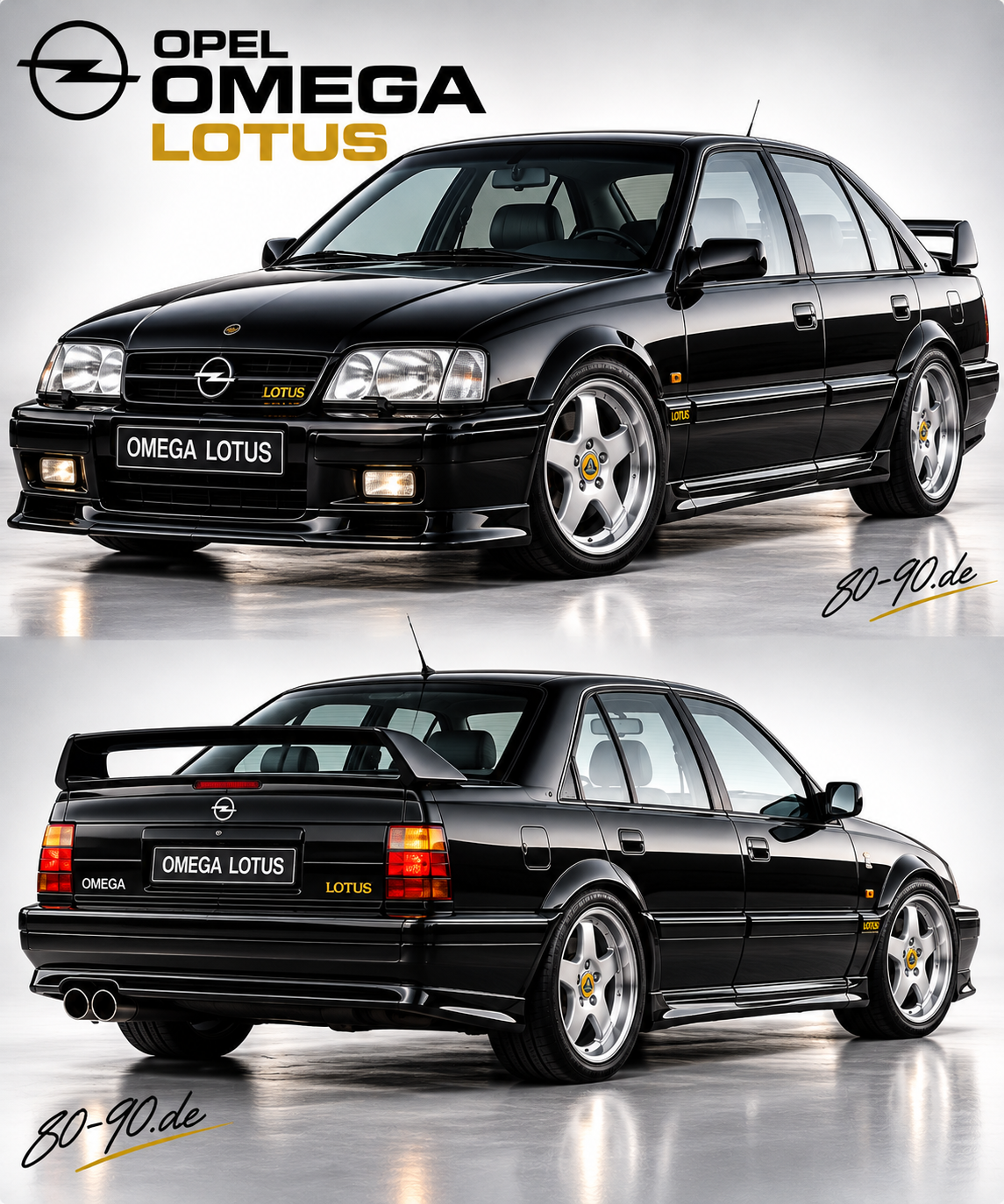 KI-generierte Retro-Studiendarstellung des schwarzen Opel Omega Lotus mit Front- und Heckansicht