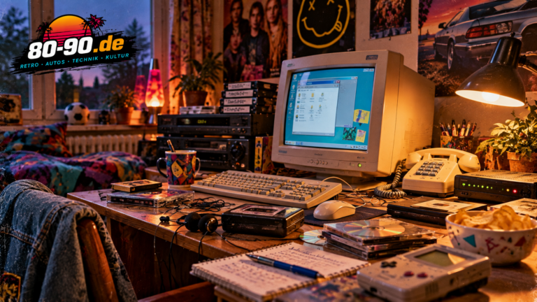 Retro-Schreibtisch mit Windows-98-Computer, CDs, Kassetten und Technikklassikern der 80er und 90er; 80-90.de