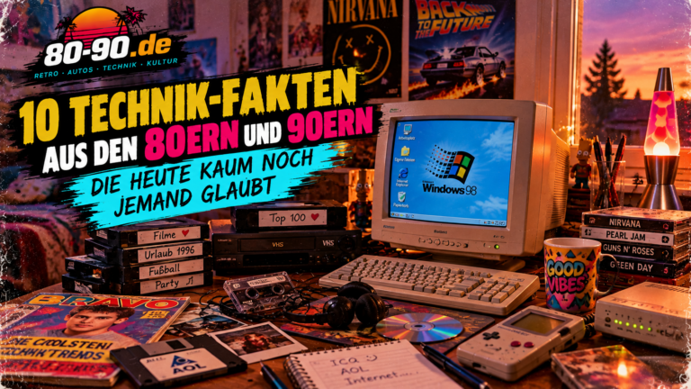 Aufmacherbild von 80-90.de mit der Überschrift 10 Technik-Fakten aus den 80ern und 90ern, Windows-98-Computer, Kassetten und CDs