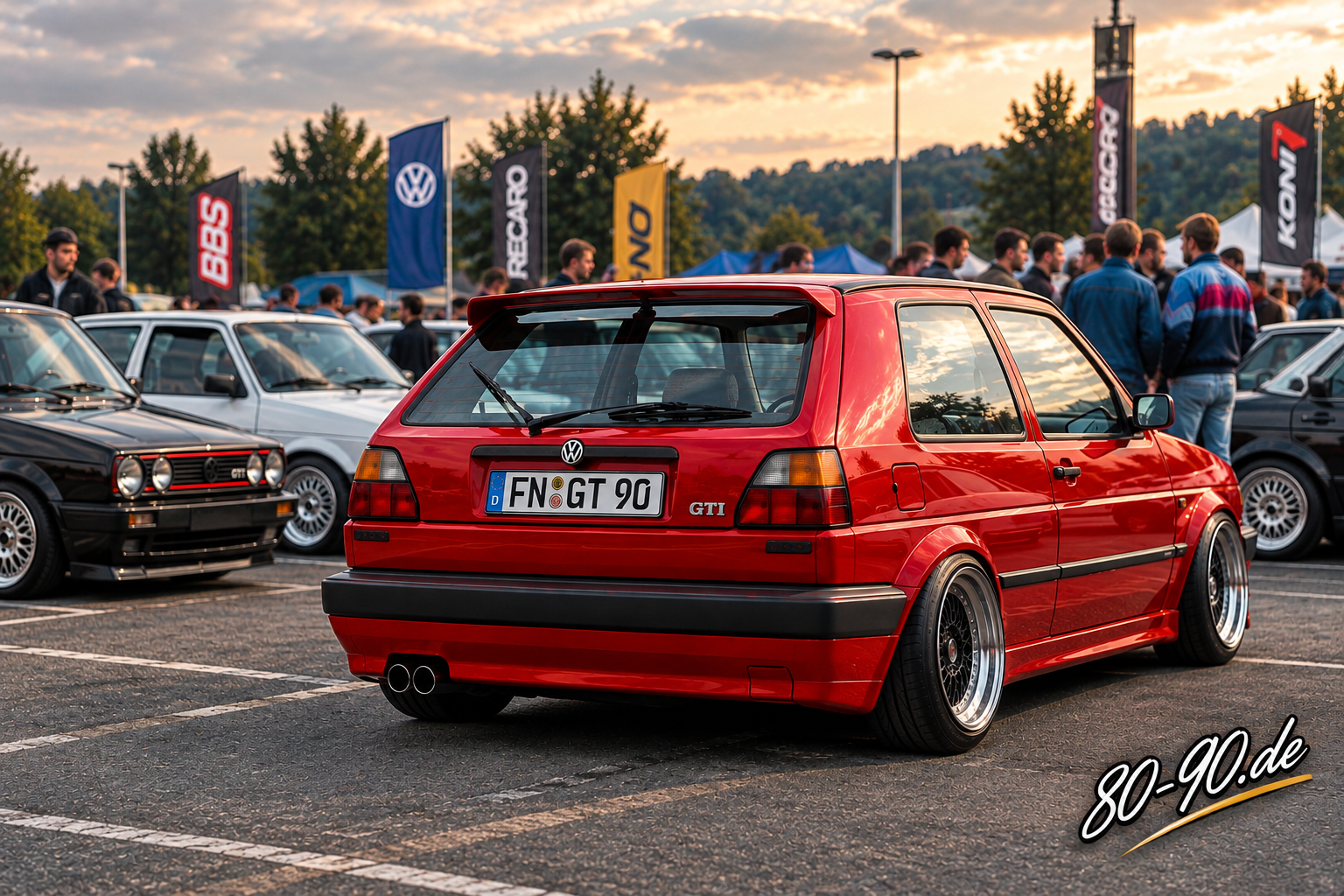 KI-generierte Szene eines roten, tiefergelegten Volkswagen Golf II GTI bei einem Tuningtreffen der 1990er-Jahre, mit fiktivem Kennzeichen FN GT 90 und 80-90.de-Wasserzeichen.