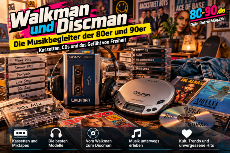 Walkman und Discman mit Kassetten, CDs und Mixtapes im Retro-Stil der 80er und 90er