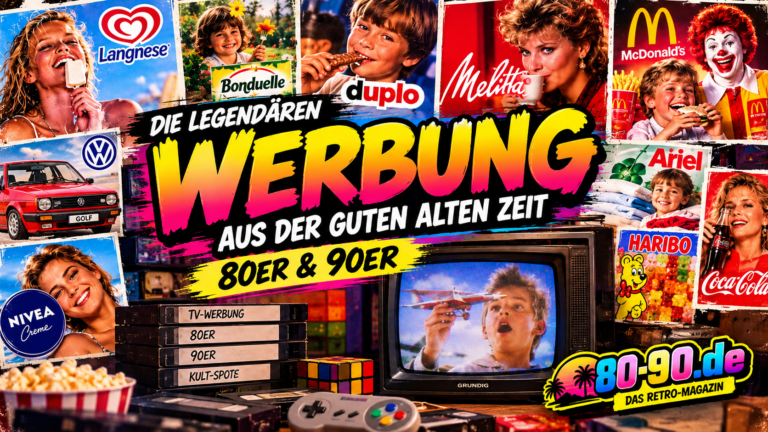 Breites Retro-Sliderbild für 80-90.de über legendäre Werbung der 80er und 90er mit Fernseher, VHS-Kassetten und bekannten Markenmotiven