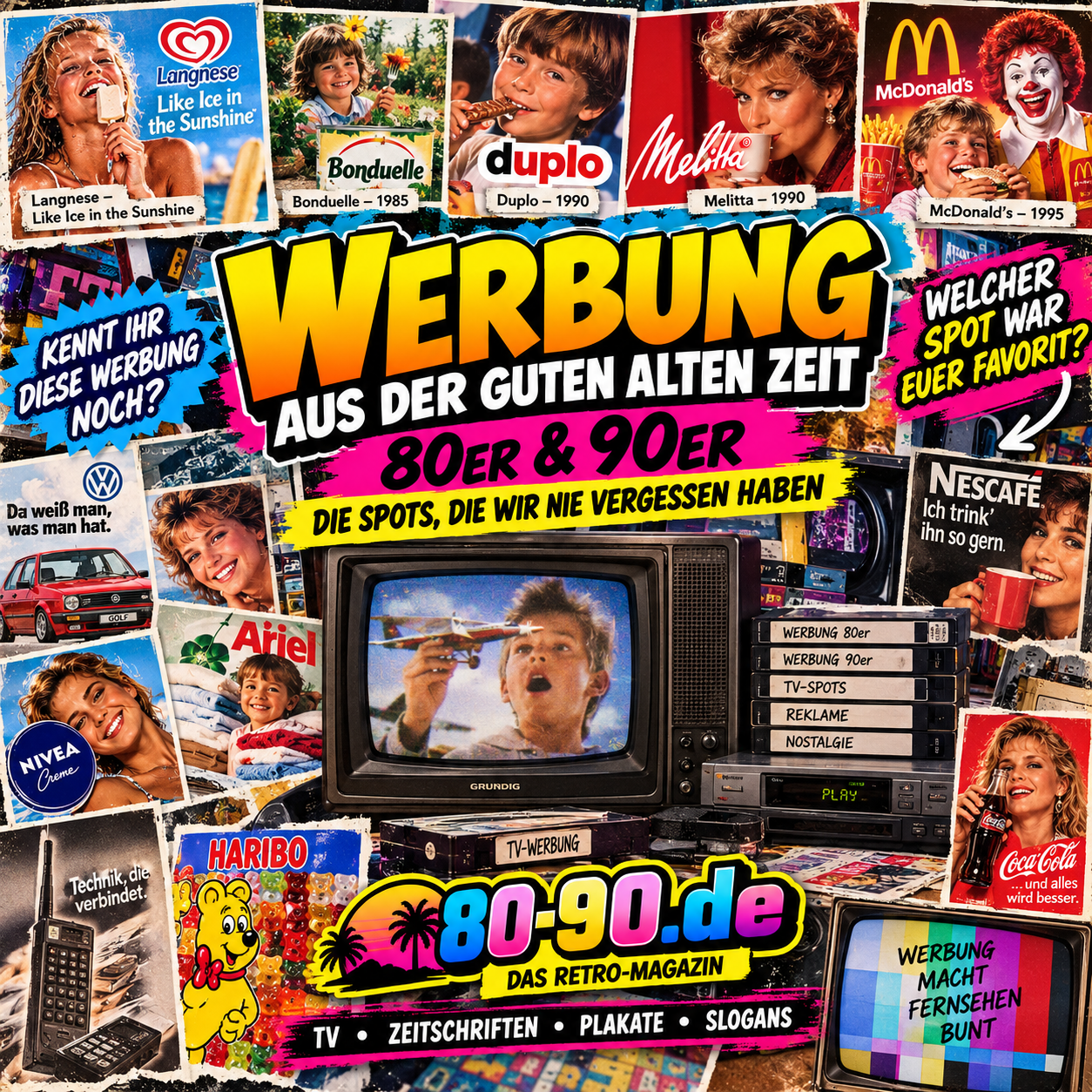 Nostalgische Collage zu Werbung der 80er und 90er mit Retro-Fernseher, VHS-Kassetten und bekannten Markenmotiven