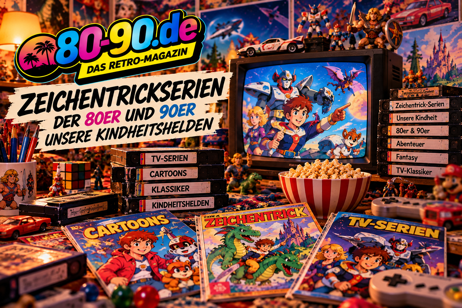 Retro-Collage zu Zeichentrickserien der 80er und 90er mit Röhrenfernseher, VHS-Kassetten, Comics und Spielzeug
