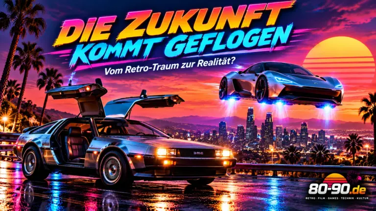 KI-generierte Retro-Futurismus-Illustration mit einem DeLorean-inspirierten Zeitmaschinenauto und einem futuristischen schwebenden Sportwagen; keine offiziellen Markenlogos und kein offizielles Pressefoto.