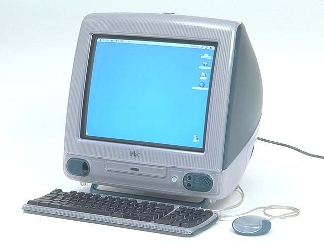 Bondi-Blue iMac G3 mit Tastatur und Maus.